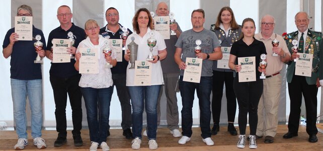 Schützenfest – Verspätete Siegerehrung für das Firmenschießen Die Preisträger des Firmenschießens von 2020